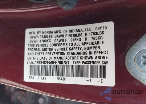 2015 Honda Civic Lx из США, поврежденный, VIN 19XFB2F50FE700751